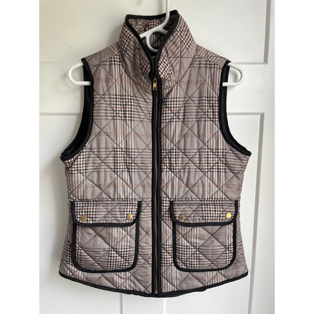 British Khaki Brown Plaid Quilted Puffer Vest Houndstooth Patch Pockets S/M